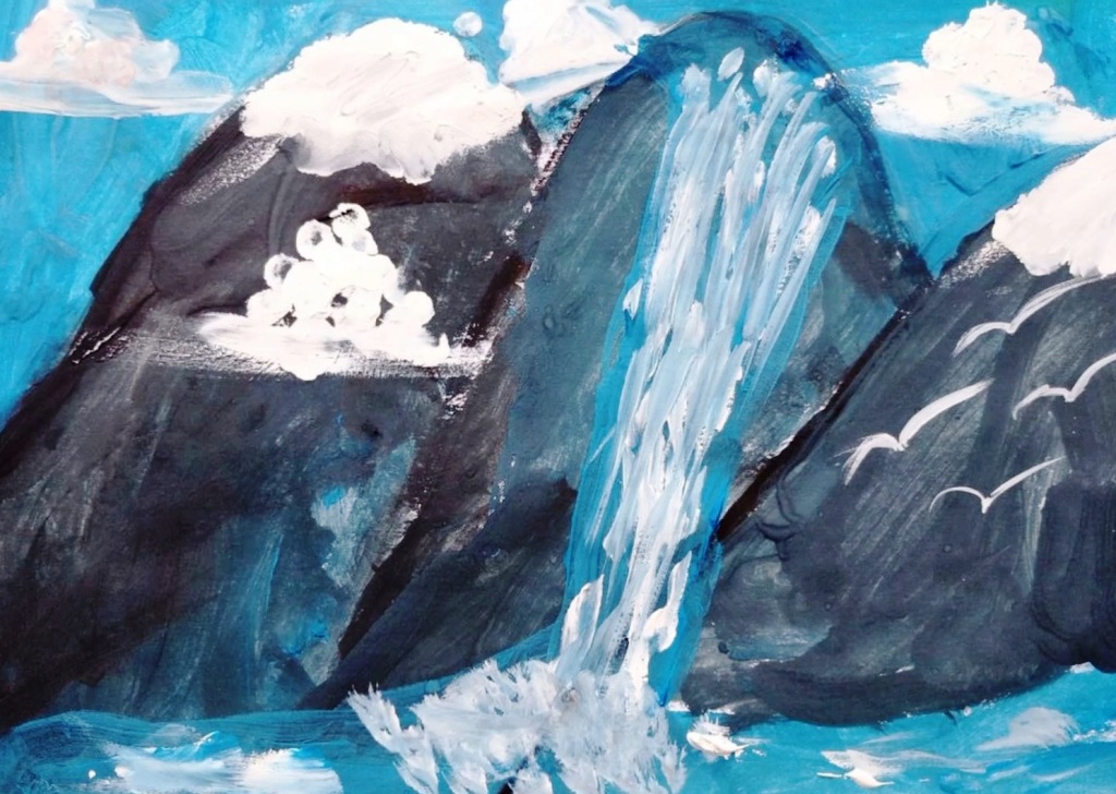 Рисунок водопада. Выставка из серии "Времена года"